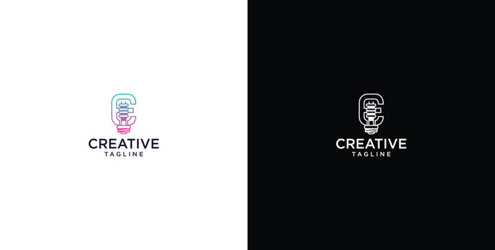 smart bulb tech logo design, creative idea, digital logo technology, initial logo design E