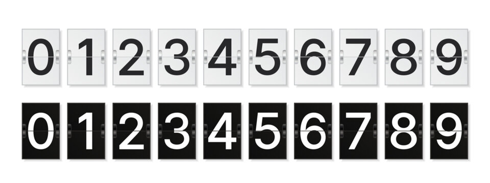 Flip Clock Number Set 0 to 9 with Black and White Panels &ndash; Mechanical Counter Digits Collection for Timer Countdown Scoreboard and UI Design Vector Illustration