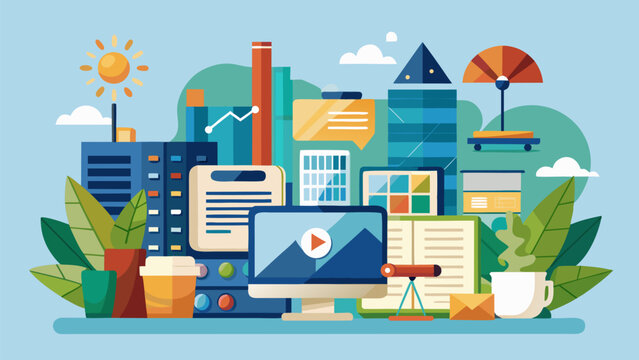 Comprehensive flat design of a professional workstation with desktop, plants, coffee, and urban building background. Great for career blogs, remote work, and business lifestyle.