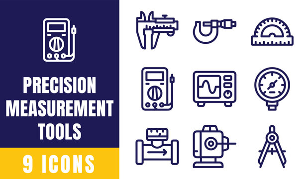 Precision Measurement Tools Line Icons Set &mdash; Caliper, Micrometer, Multimeter, Compass, Gauge, Oscilloscope Vector
