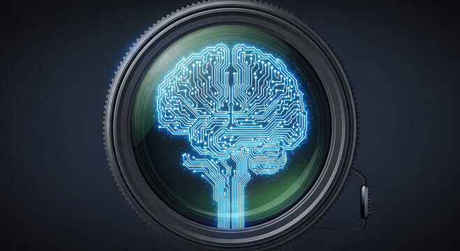 Glowing blue circuit brain in a futuristic round porthole window