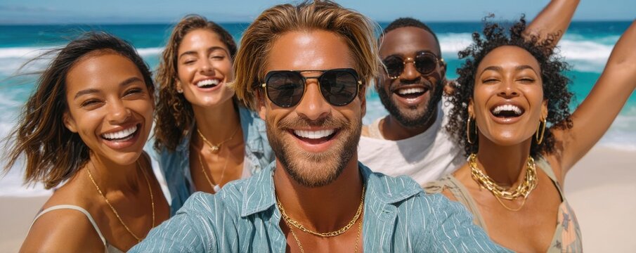 Group of friends smiling and enjoying a sunny beach vacation together