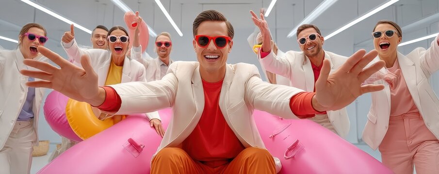 Business team having fun in the office with inflatable raft and colorful sunglasses celebrating success