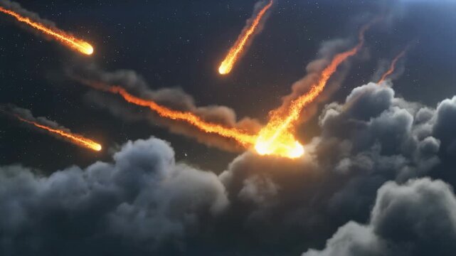 Multiple fiery meteors streaking through dark clouds in a night sky, creating a dramatic and intense celestial event.