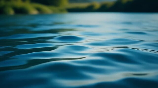 Close-up of Rippling Blue Water Surface with Blurred Green Shoreline Background