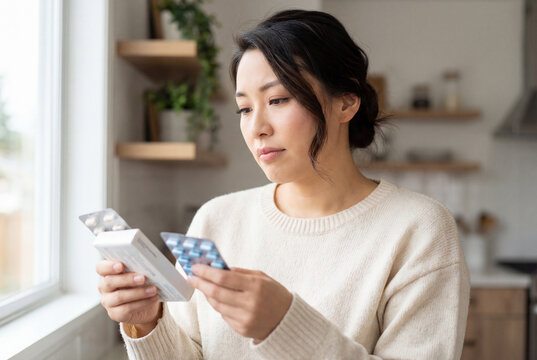 Asian woman thoughtfully comparing two different blister packs of pills