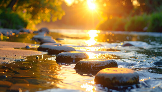 Elegant riverbank stones form stepping path at serene sunset with reflective water