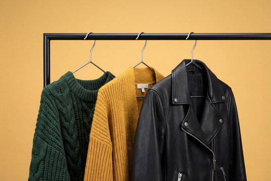 Fall fashion clothing on a rack including a sweater, cardigan, and leather jacket