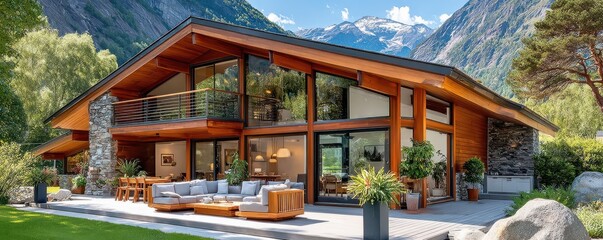 Obraz premium Modern wooden mountain house with large windows and spacious outdoor deck