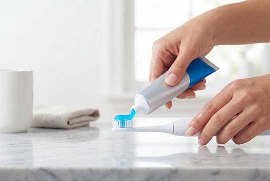 Woman squeezing toothpaste on an electric toothbrush in a bathroom