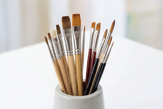 Collection of various artist paint brushes in a holder on a white table