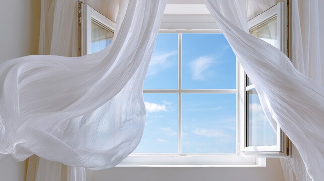 Open window with sheer white curtains flowing in the breeze, revealing a bright blue sky and fluffy clouds, creating a fresh and airy atmosphere indoors