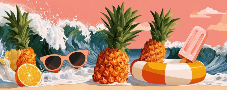 Tropical summer pineapples on a pastel beach with waves, sunglasses, float ring and popsicle