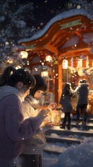 Fototapeta premium Two Young Girls Admiring Lights Outside a Traditional Shrine During a Snowy Winter Evening Celebration