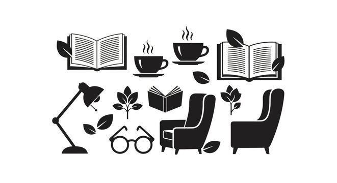 Black icons of books and coffee.