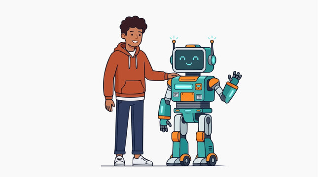 A friendly cartoon man gently pats the shoulder of a smiling robot, symbolizing a positive and supportive relationship.