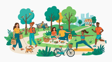 Fototapeta premium Various diverse people enjoying leisure activities in a vibrant city park, including yoga, jogging, picnics, and dog walking.