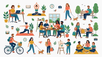 Fototapeta premium diverse lifestyle activities flat illustration set with work leisure wellness and family. vibrant 2d flat illustration showcasing diverse lifestyle scenes including remote work, yoga, family meals, ou