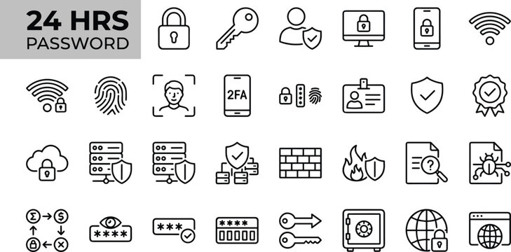 24 hour password security concept with cyber icons flat design vector illustration