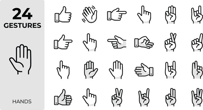 24 common hand gestures flat design vector illustration set for communication and education
