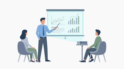 Fototapeta premium A business presentation illustrating a speaker gesturing towards a chart while an audience listens