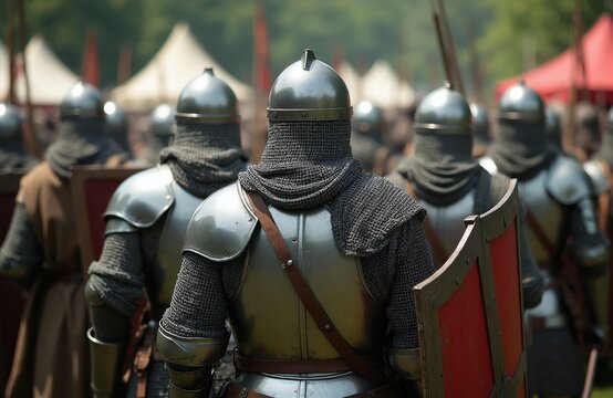 Knights in metal armor stand in formation on a field with tents and flags visible. Warriors prepare for combat or reenactment event, ready for battle.