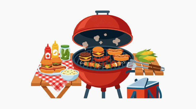 An inviting close-up depicts a summer BBQ setup, bursting with grilled delicacies. A vibrant illustration perfect for capturing a convivial ambiance.