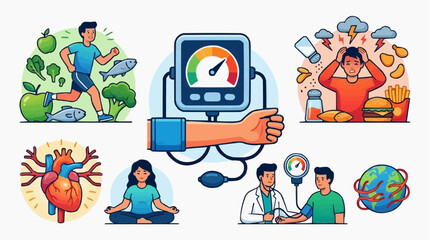 Naklejka premium A detailed health concept with diverse components, symbolizing wellness and illness, with a person getting a check-up.