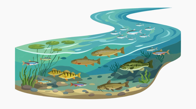 A captivating cross-section of a vibrant river teeming with diverse aquatic life, showcasing the underwater ecosystem and the harmonious interplay of fish.