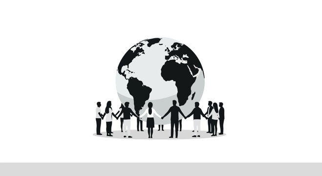 Global unity concept with diverse people holding hands around world