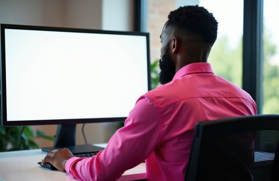 Man with beard in pink shirt uses computer mouse on desk. Person works on computer at table in modern office. Blank white screen displays on monitor, black keyboard visible.