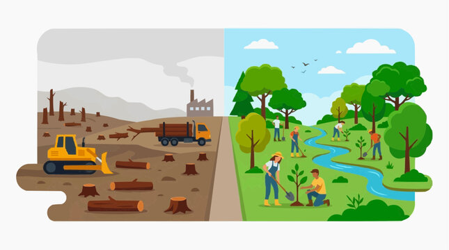 A contrast scene of deforestation and reforestation is depicted to show how people can save the environment.