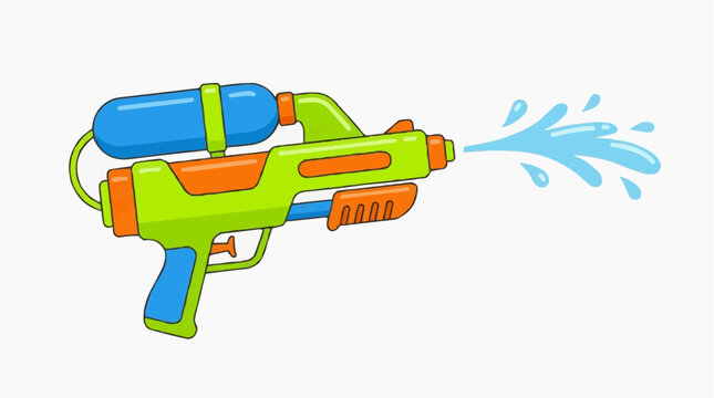 A vibrant illustration showcases a classic squirt gun spraying water, symbolizing summer fun and playful moments.