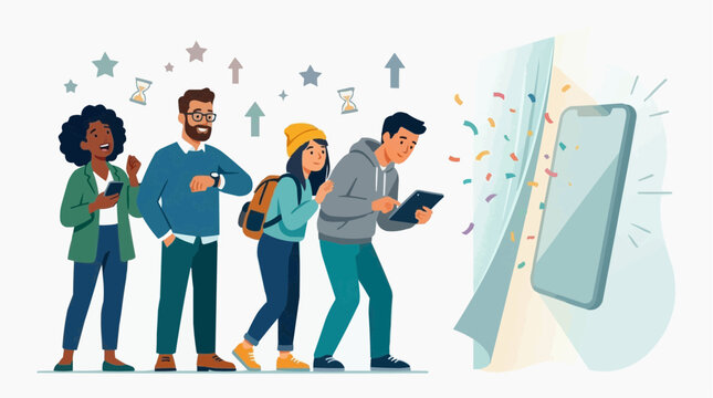 Illustrative portrayal of a queue of people staring at a mobile phone, emphasizing technology's dominance and waiting time with subtle, artistic details. 