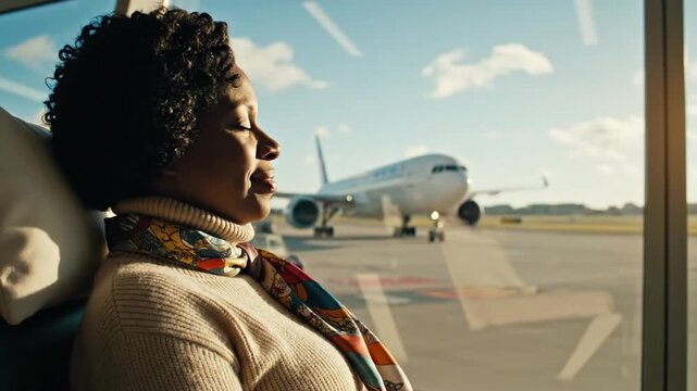 Woman sitting on a plane at airport.