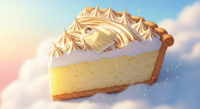 Une d&eacute;licieuse part de tarte au citron meringu&eacute;e flottant dans un paysage nuageux onirique