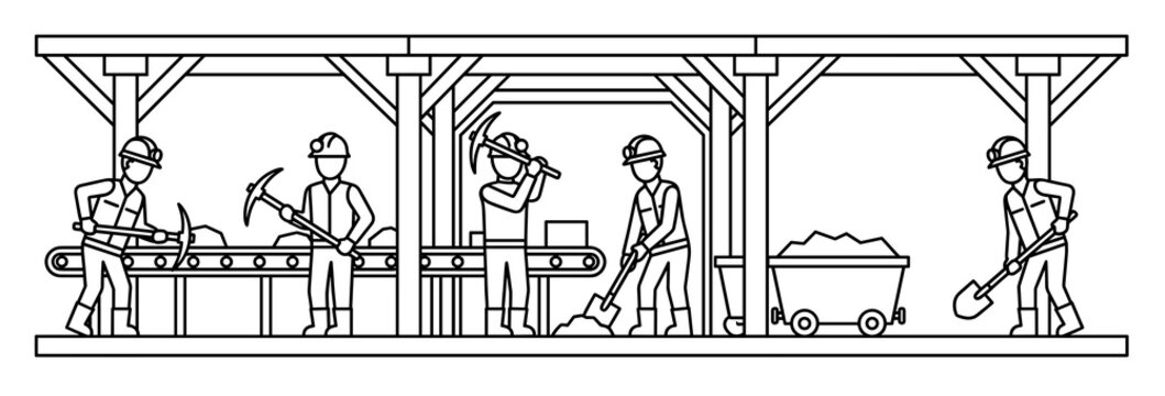 Underground coal miners day vector illustration in black and white outline style showing hard-working men using pickaxes and shovels near a conveyor belt and cart full of rocks.