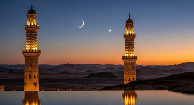 Vue du soir de deux minarets avec un croissant de lune dans un paysage paisible