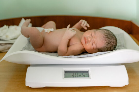 Newborn baby sleeps peacefully on scale in warm wooden room surrounded by soft blankets and gentle light
