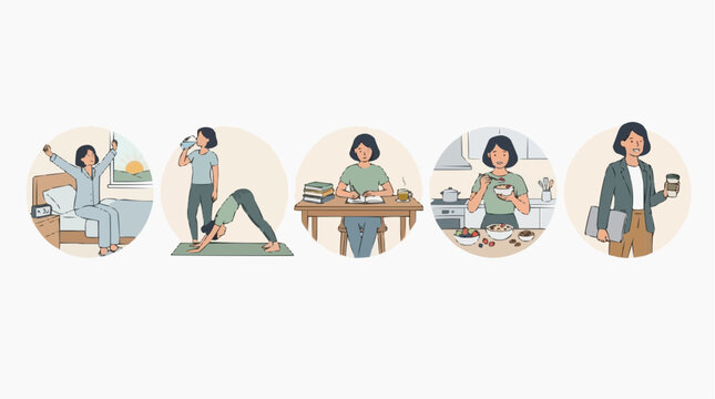 An illustrated sequence depicting the daily life of a woman, showcasing her routines and activities.