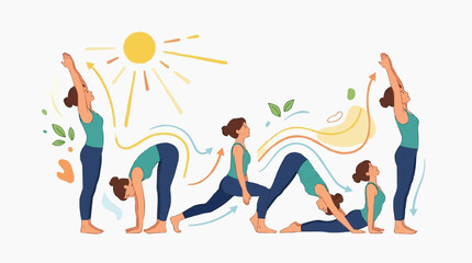 Obraz premium A sequence of yoga poses are gracefully demonstrated, each transition seamlessly flowing into the next, all under the warm gaze of the sun.