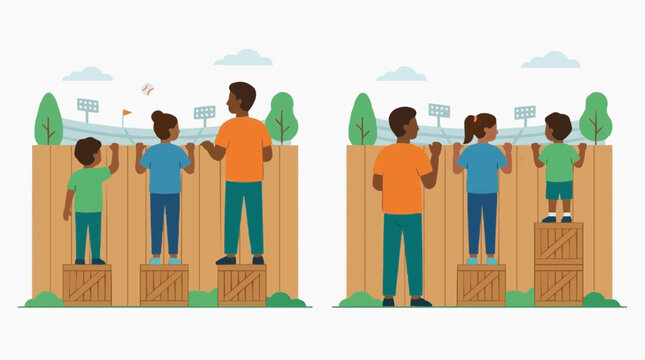 Visual metaphor illustrating equality and equity in society, as figures of different heights look over a fence.