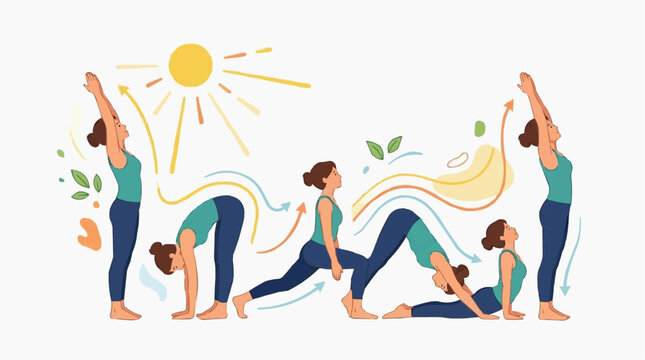 A sequence of yoga poses are gracefully demonstrated, each transition seamlessly flowing into the next, all under the warm gaze of the sun.