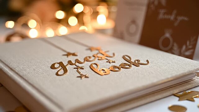 Elegant wedding guest book with gold lettering and fairy lights