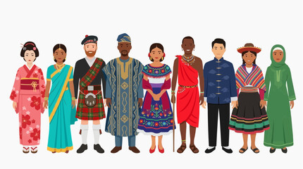 Fototapeta premium A diverse collection of individuals in traditional attire representing varied cultures, embodying the world's richness and unity, set against a seamless backdrop.