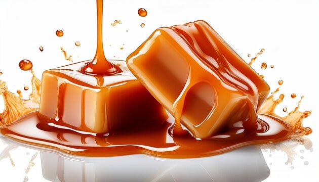 two delicious caramel toffee candies with liquid caramel splash isolated on white background