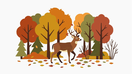 Naklejka premium An illustrated deer wanders through an autumn forest, with leaves in warm colors.