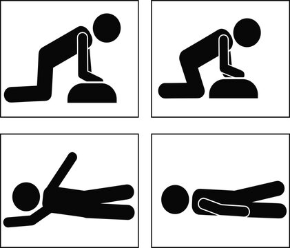 Basic Life Support and First Aid Illustration Set Featuring CPR Chest Compression Techniques and Emergency Recovery Position Silhouettes