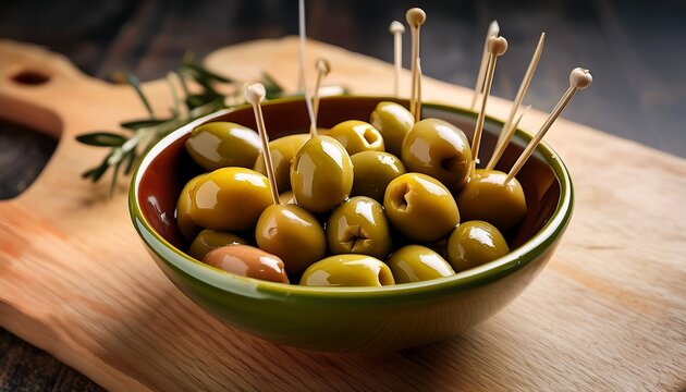 a savory snack brimming with mediterranean charm and the perfect balance of tangy and salty awaits with each toothpick pierced olive in this vibrant bowl