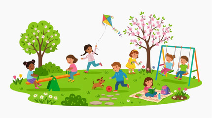 Obraz premium A vibrant illustration showcasing children's outdoor fun in a lush park, where they are actively engaged in play. A cheerful portrayal of friendship and a harmonious spring day.